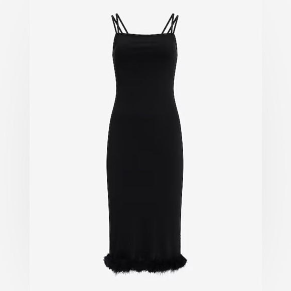 Express Dresses & Skirts - Sleeveless Double Strap Feather Hem Midi Sheath Dress